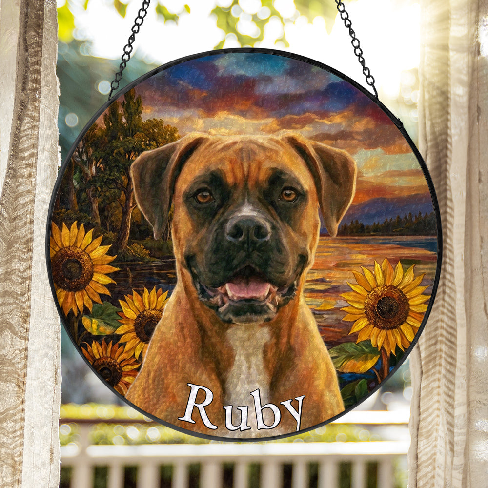 Personalized Boxer & Sunflowers Stained Glass Ornament