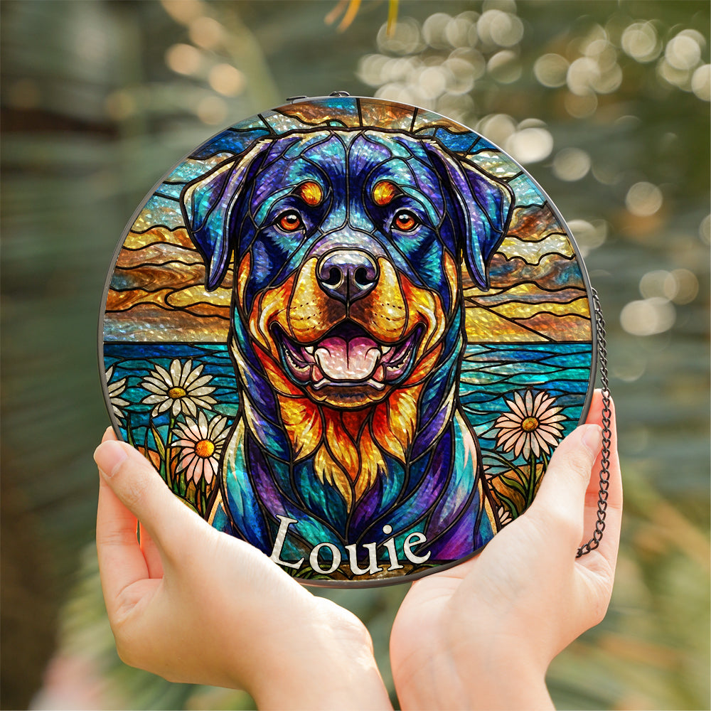 Personalized Rottweiler & Daisy Stained Glass Ornament