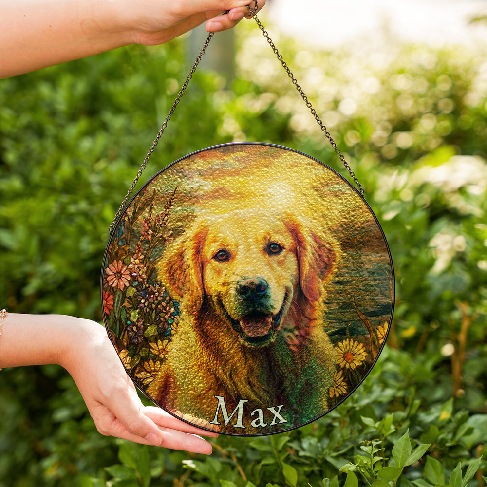 Personalized Floral Golden Retriever Stained Glass Ornament