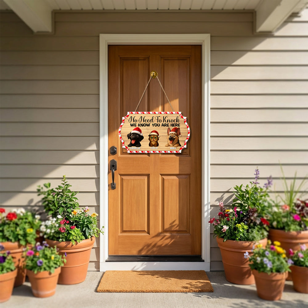 Personalized Christmas Pet Door Sign – “No Need to Knock, We Know You Are Here” – Cat & Dog Wooden Sign - Upload Photo