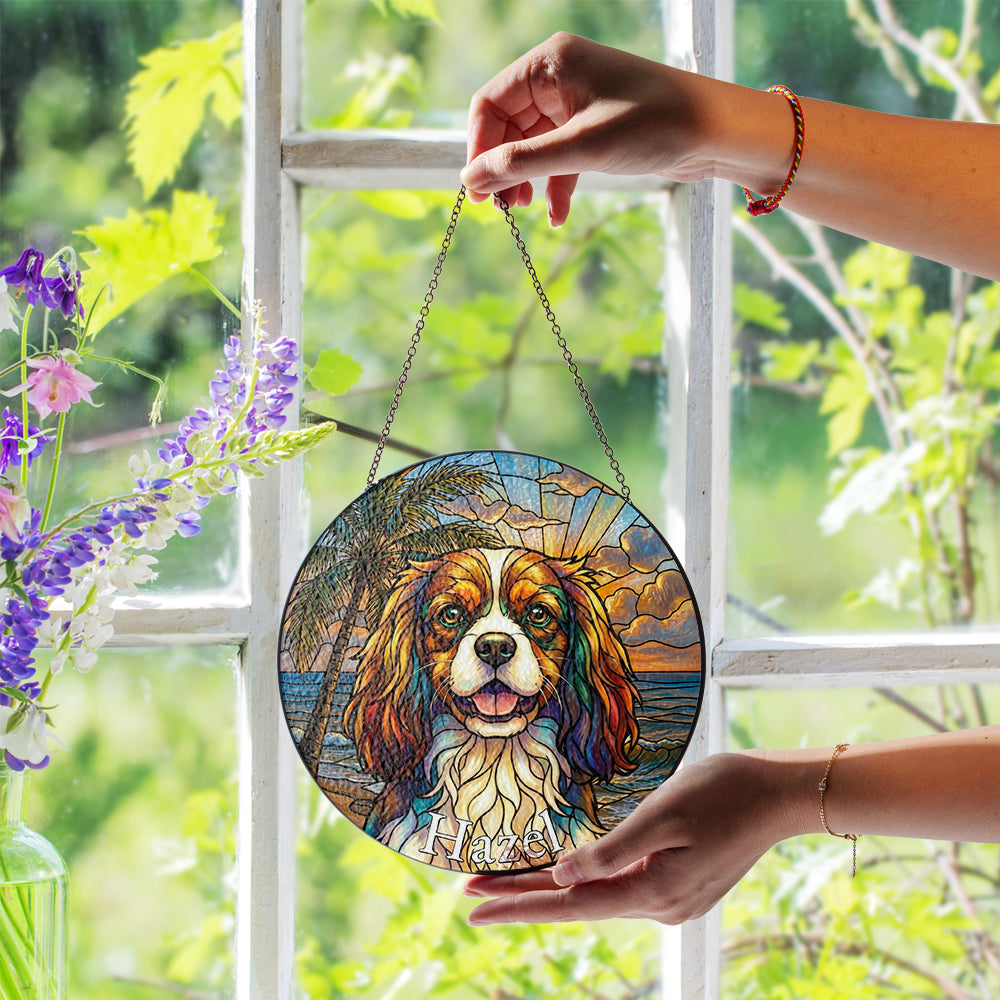 Personalized Cavalier Spaniel Beach Stained Glass Ornament