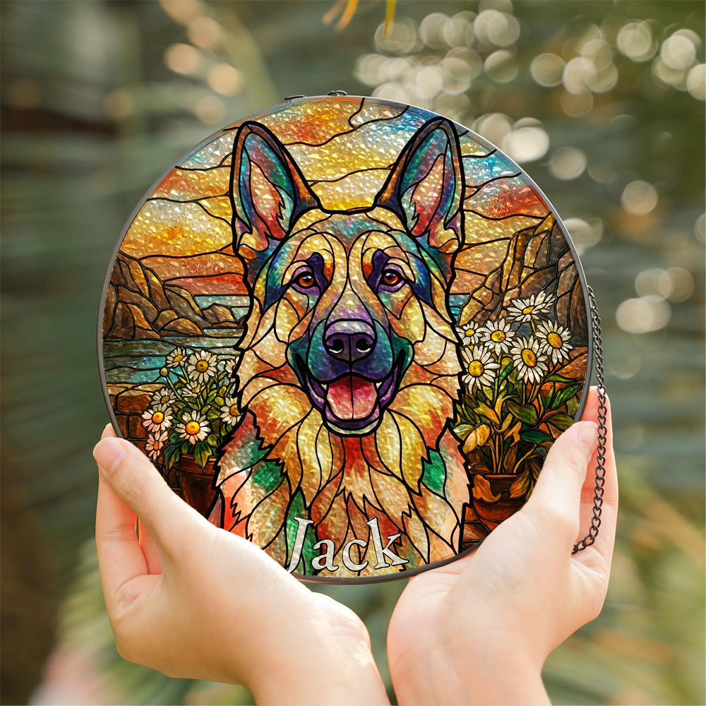 Personalized German Shepherd Daisy Stained Glass Ornament