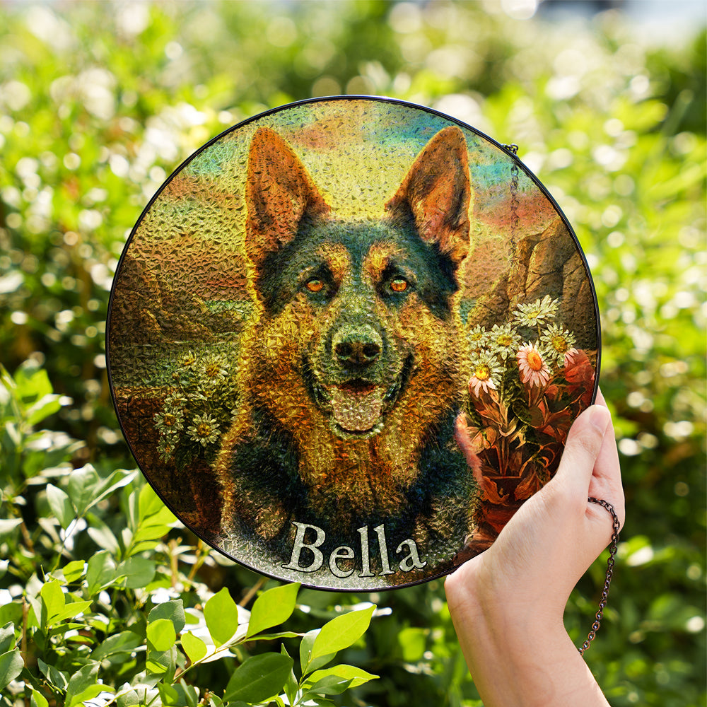 Personalized German Shepherd Daisies Stained Glass Ornament