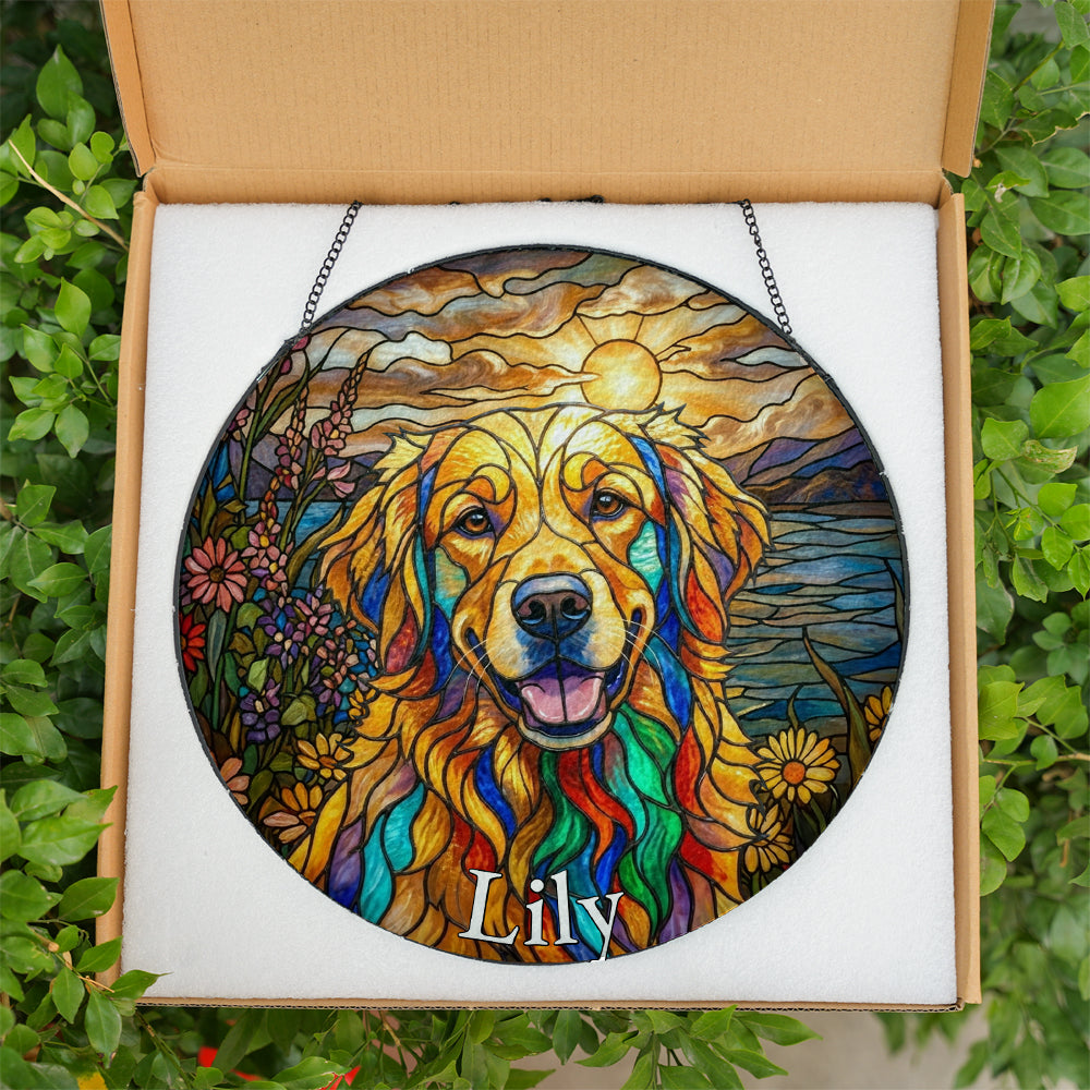 Personalized Dog And Flowers Stained Glass Ornament