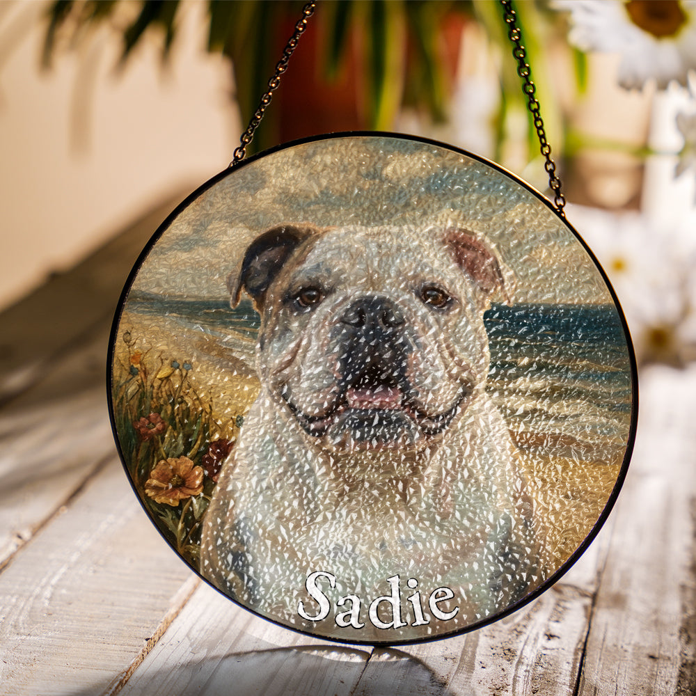 Personalized Bulldog At The Beach Stained Glass Ornament