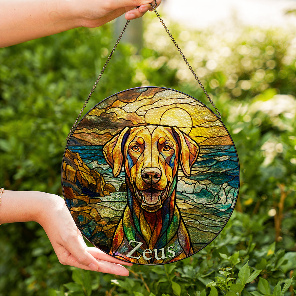 Personalized Dog At The Beach Stained Glass Ornament