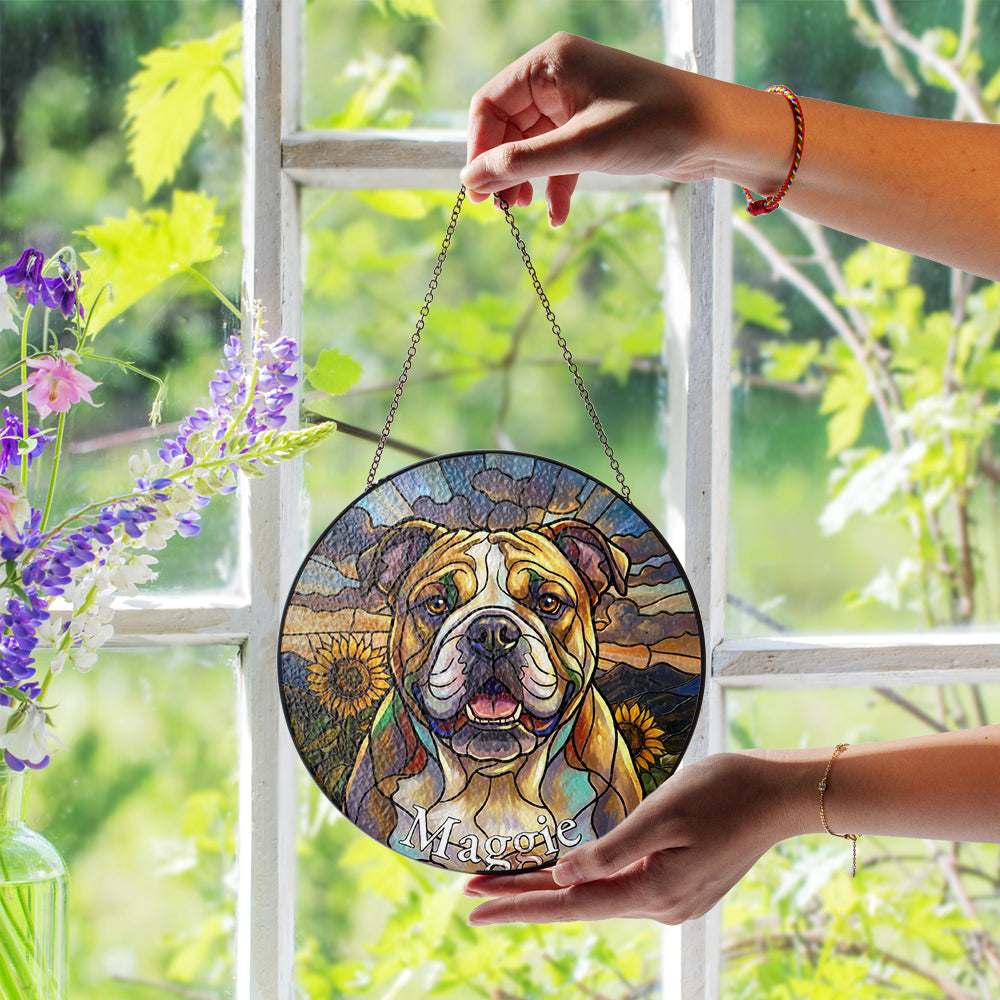 Personalized Bulldog And Sunflower Stained Glass Ornament
