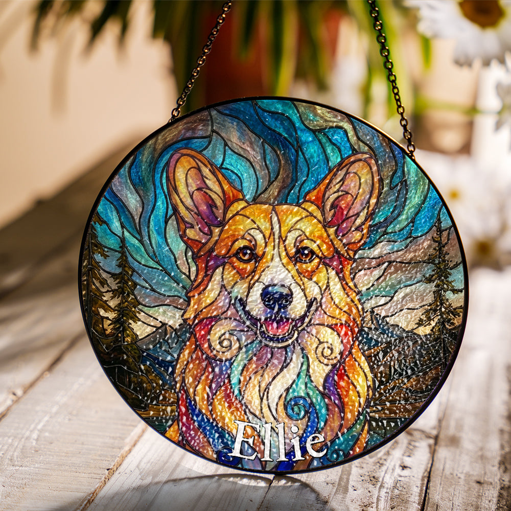 Personalized Corgi Mountainscape Stained Glass Ornament