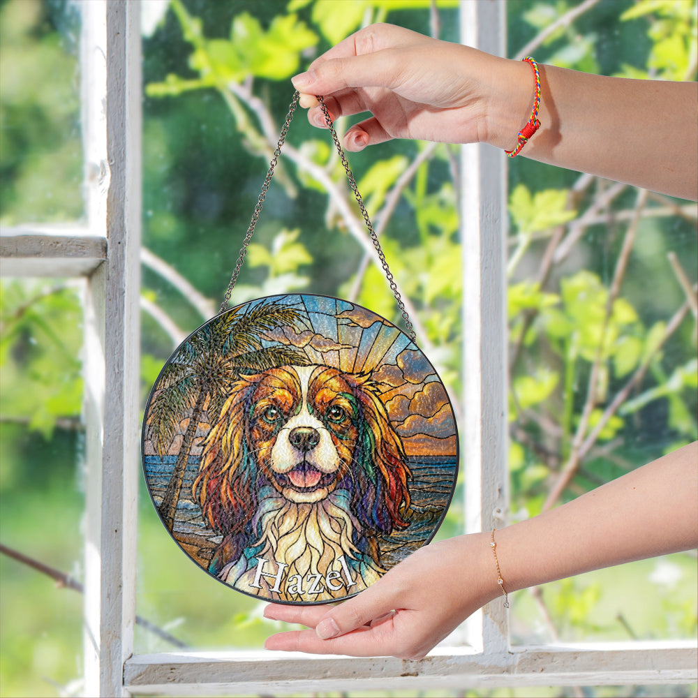 Personalized Cavalier Spaniel Beach Stained Glass Ornament