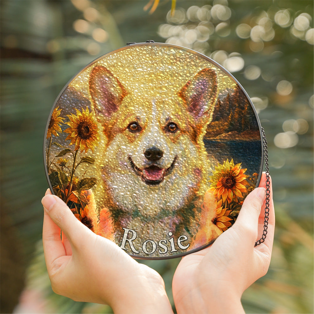 Personalized Corgi & Sunflowers Stained Glass Ornament