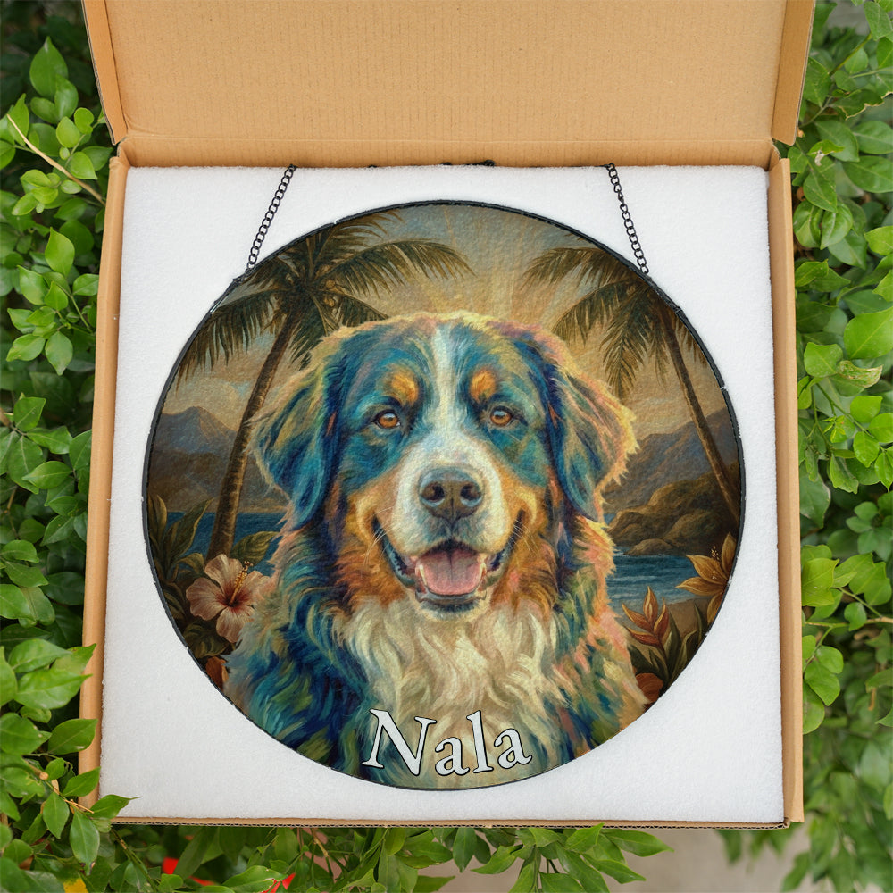 Personalized Tropical Dog Portrait Stained Glass Ornament