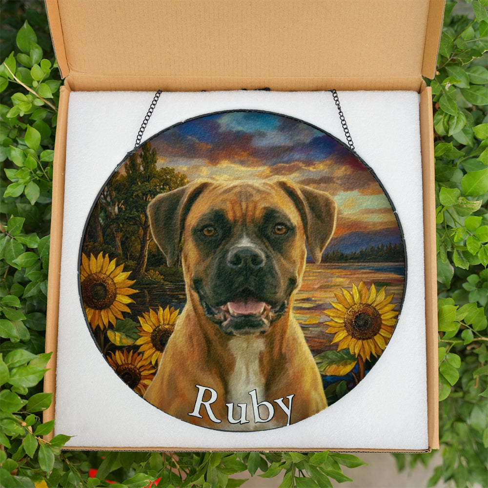 Personalized Boxer & Sunflowers Stained Glass Ornament