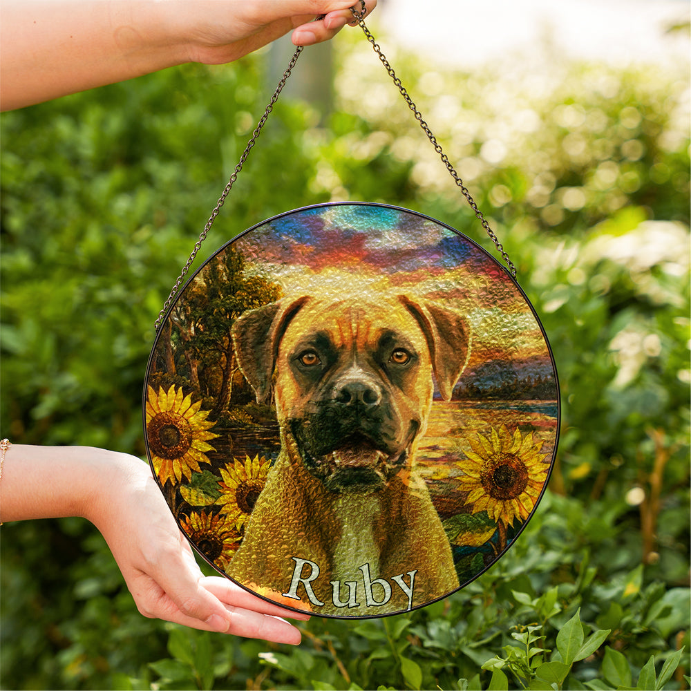 Personalized Boxer & Sunflowers Stained Glass Ornament