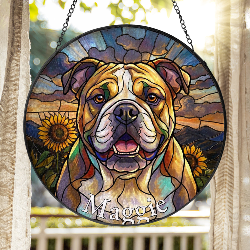 Personalized Bulldog And Sunflower Stained Glass Ornament