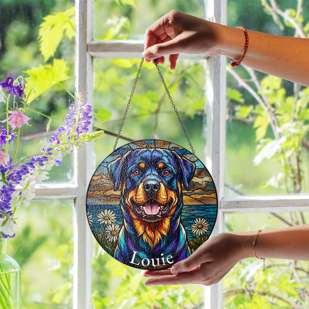 Personalized Rottweiler & Daisy Stained Glass Ornament