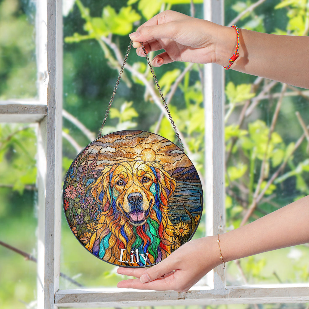 Personalized Dog And Flowers Stained Glass Ornament
