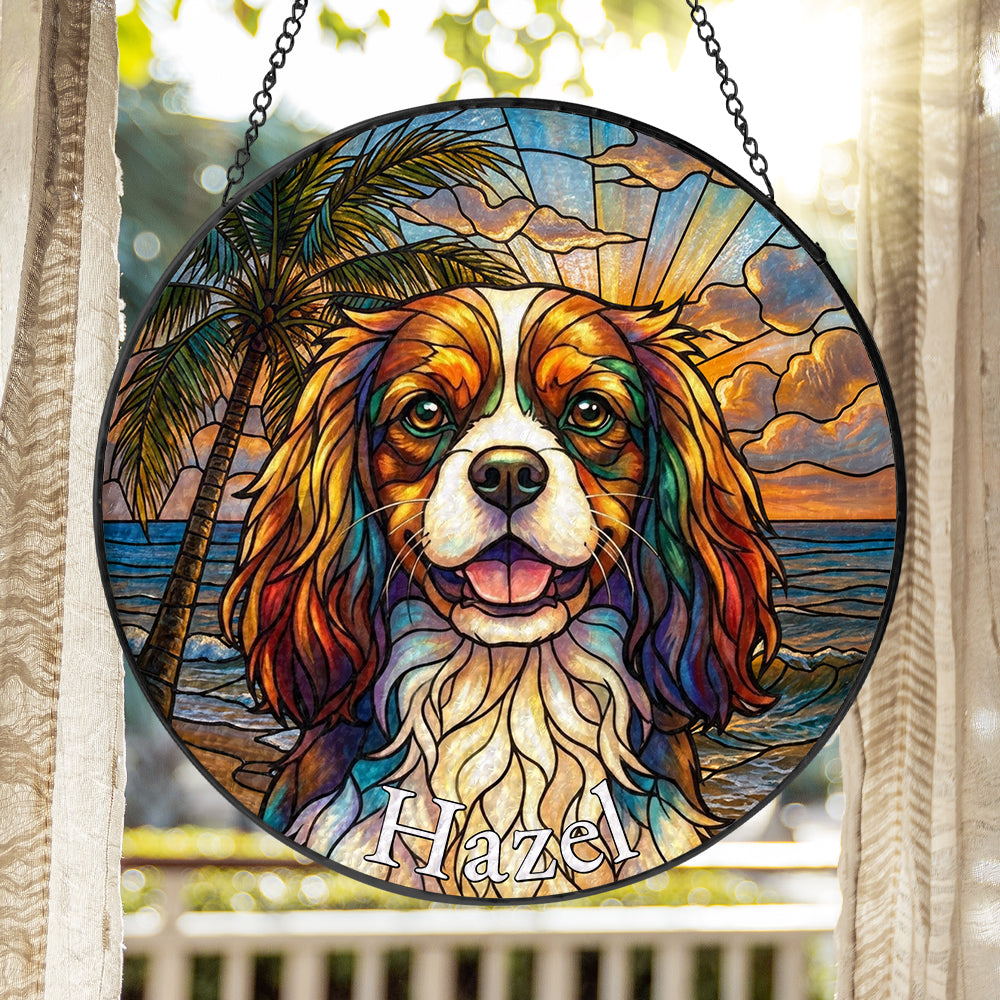 Personalized Cavalier Spaniel Beach Stained Glass Ornament