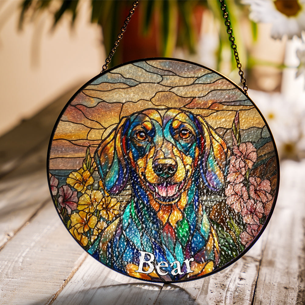 Personalized Dachshund & Flowers Stained Glass Ornament