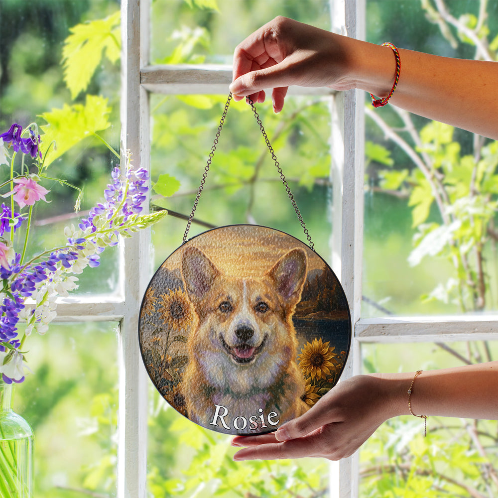 Personalized Corgi & Sunflowers Stained Glass Ornament