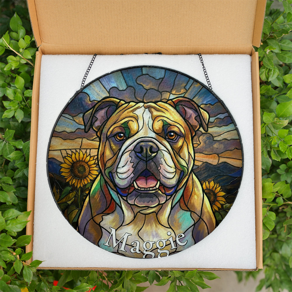 Personalized Bulldog And Sunflower Stained Glass Ornament