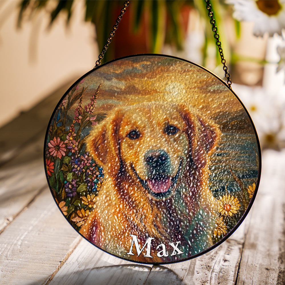 Personalized Floral Golden Retriever Stained Glass Ornament