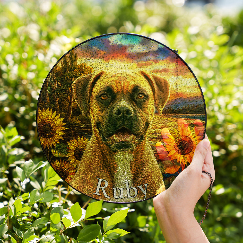 Personalized Boxer & Sunflowers Stained Glass Ornament