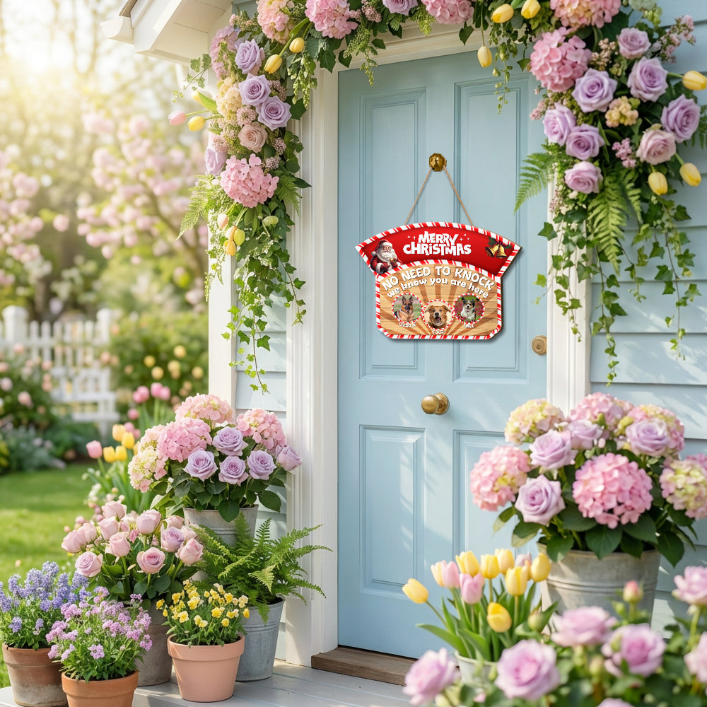 Personalized Christmas Pet Door Sign – “No Need to Knock, We Know You Are Here” – Cat or Dog Wooden Sign - Upload Photo