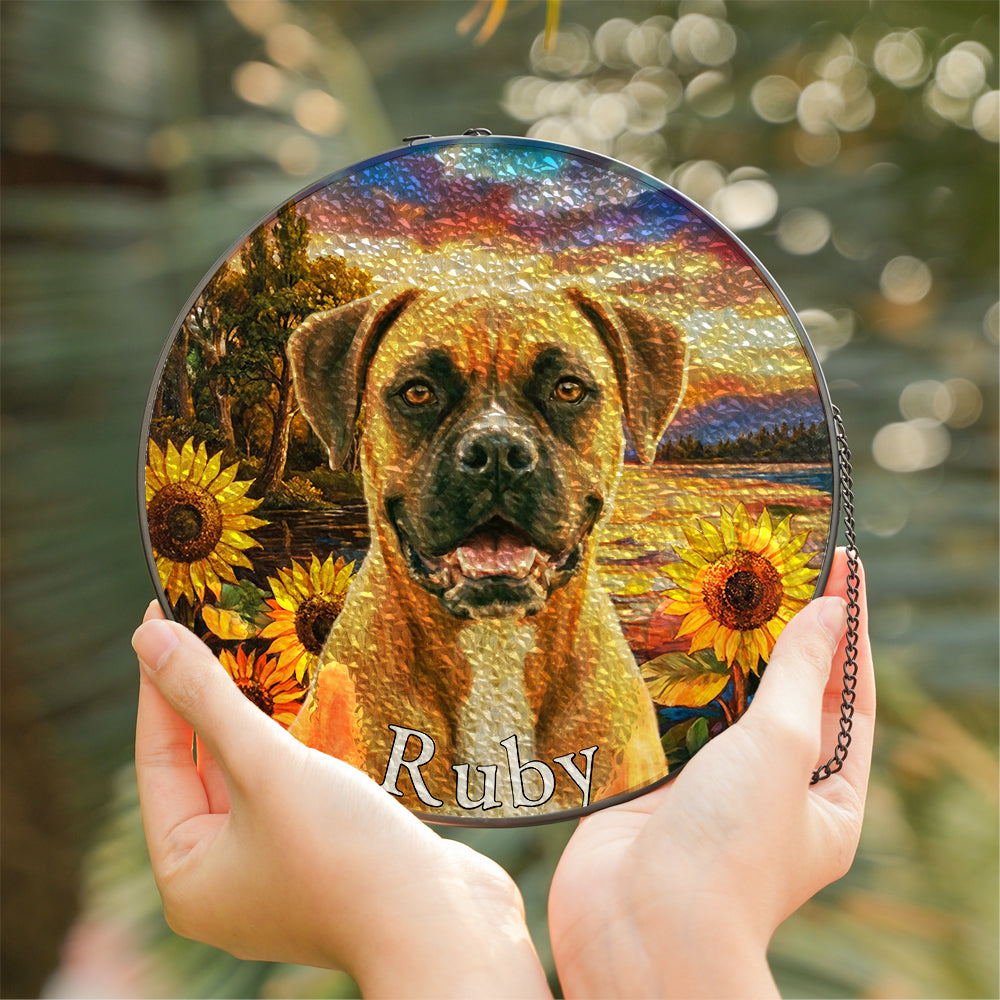 Personalized Boxer & Sunflowers Stained Glass Ornament