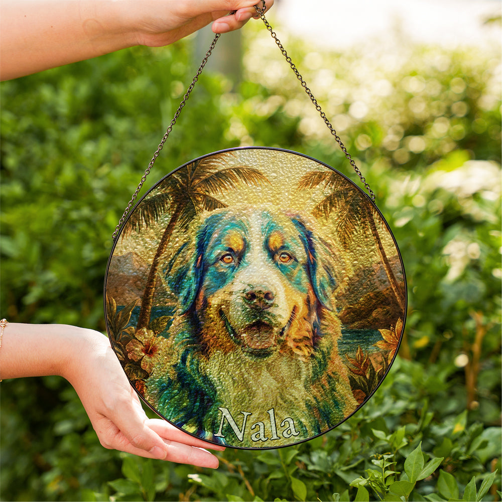Personalized Tropical Dog Portrait Stained Glass Ornament