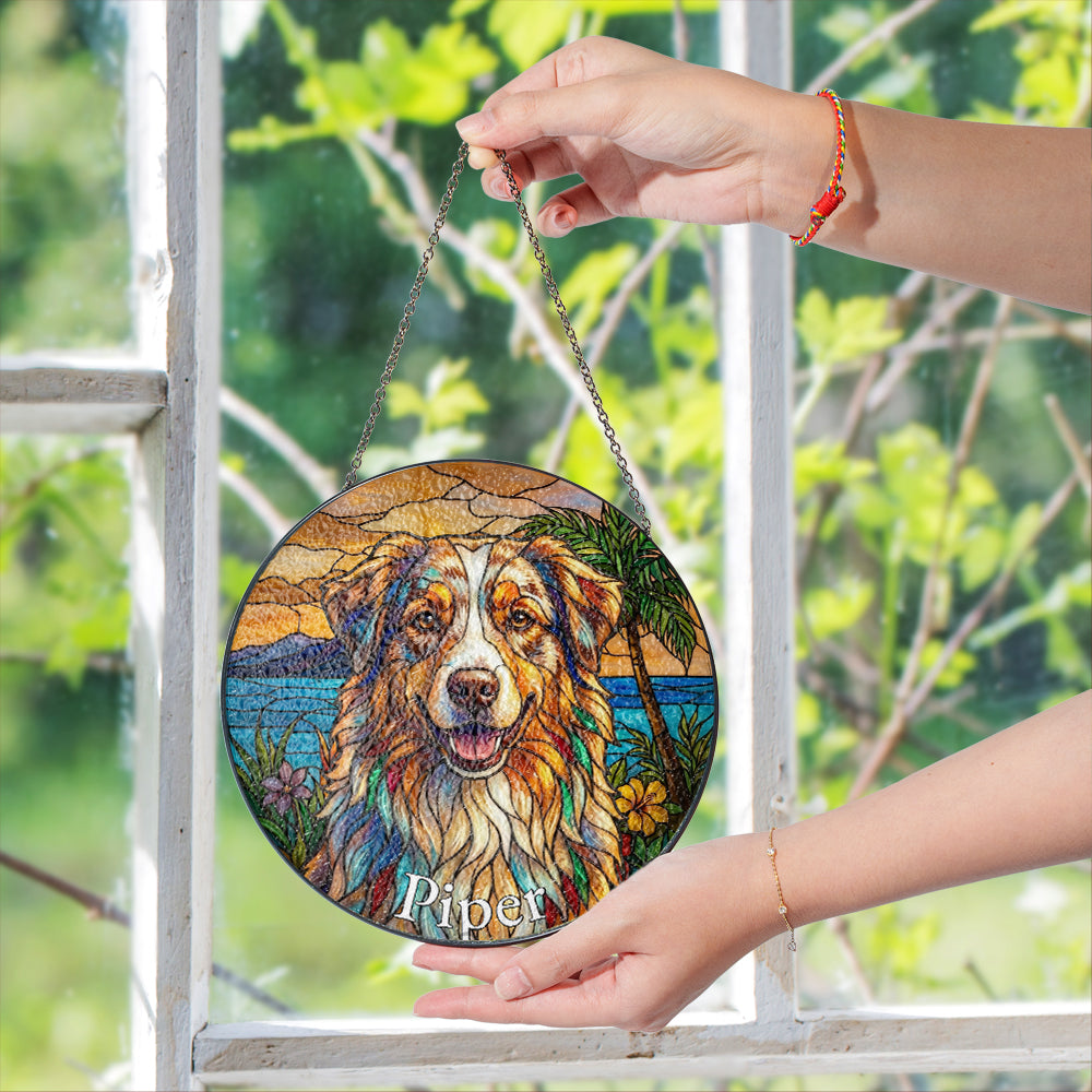 Personalized Beach Dog Stained Glass Ornament