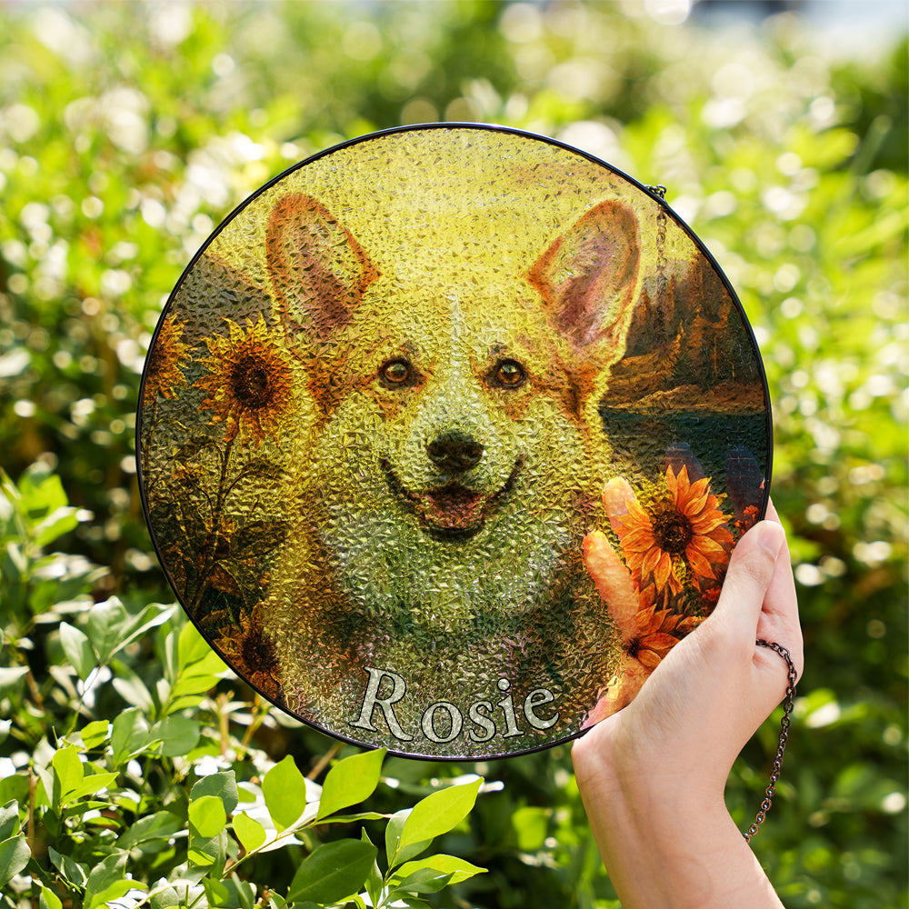 Personalized Corgi & Sunflowers Stained Glass Ornament