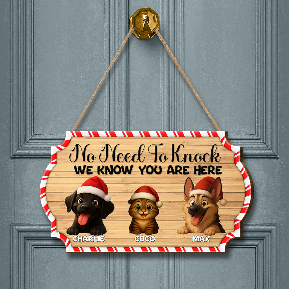 Personalized Christmas Pet Door Sign – “No Need to Knock, We Know You Are Here” – Cat &amp; Dog Wooden Sign - Upload Photo