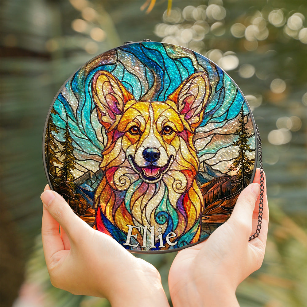 Personalized Corgi Mountainscape Stained Glass Ornament