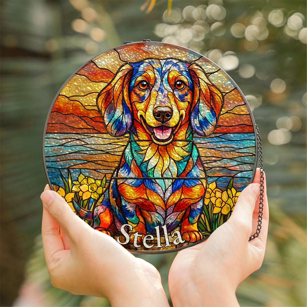 Personalized Dachshund & Daffodil Stained Glass Ornament