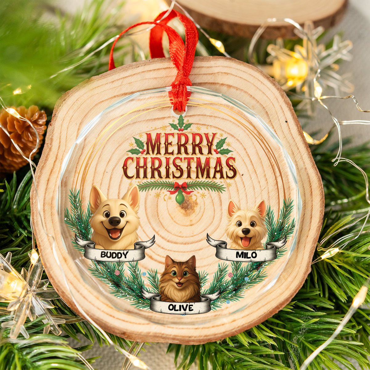 Personalized Merry Christmas Pet Ornament – Custom Pet Names Holiday Gift - Up to 10 Cats/Dogs/Photos
