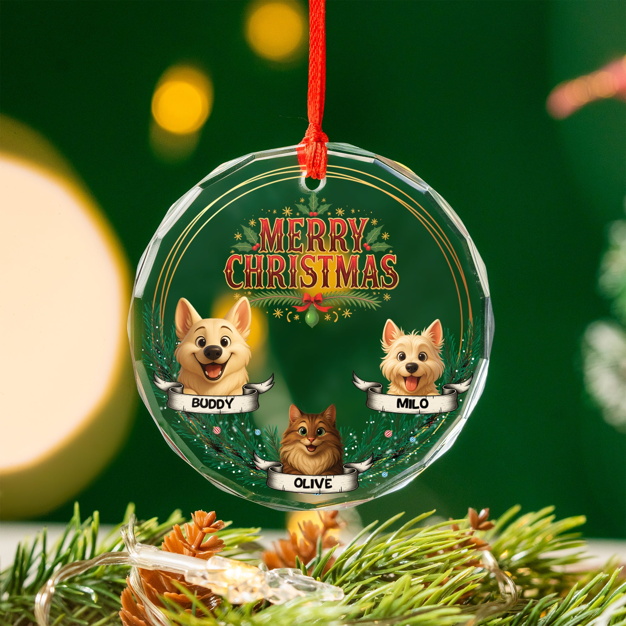 Personalized Merry Christmas Pet Ornament – Custom Pet Names Holiday Gift - Up to 10 Cats/Dogs/Photos