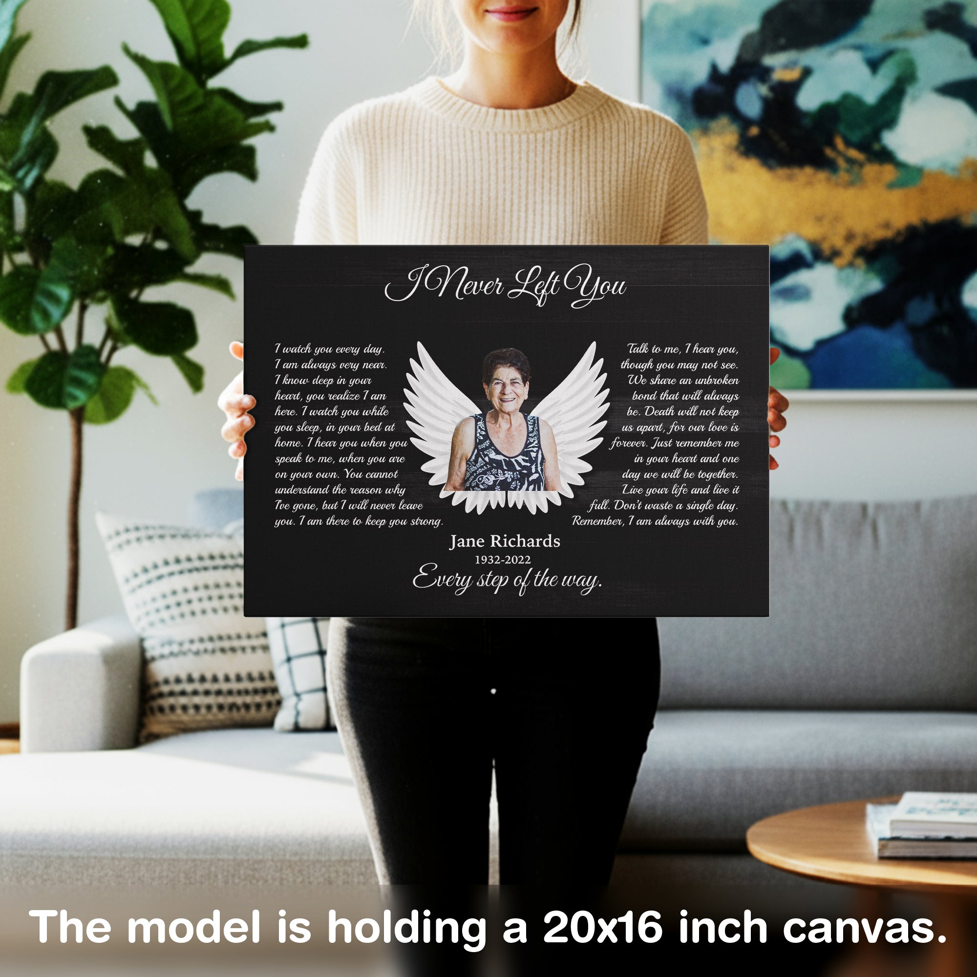 I Never Left You Memorial Canvas – Personalized Photo Frame with Angel Wings, Sympathy Gift, Bereavement Wall Art