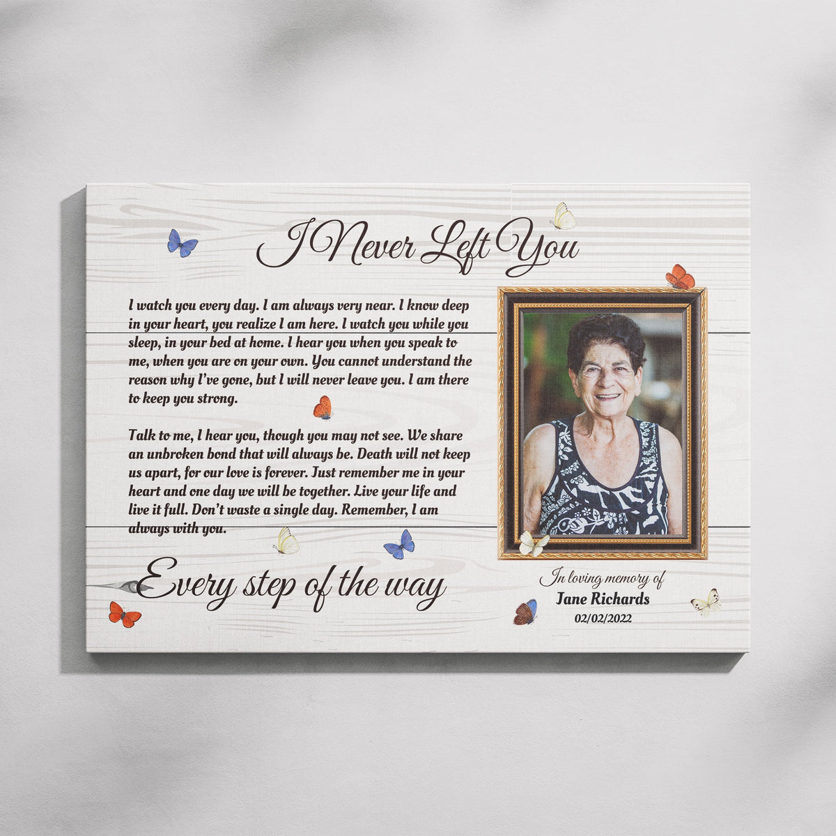 I Never Left You Memorial Canvas – Personalized Photo Frame with Butterflies, Bereavement Gift, Sympathy Wall Art