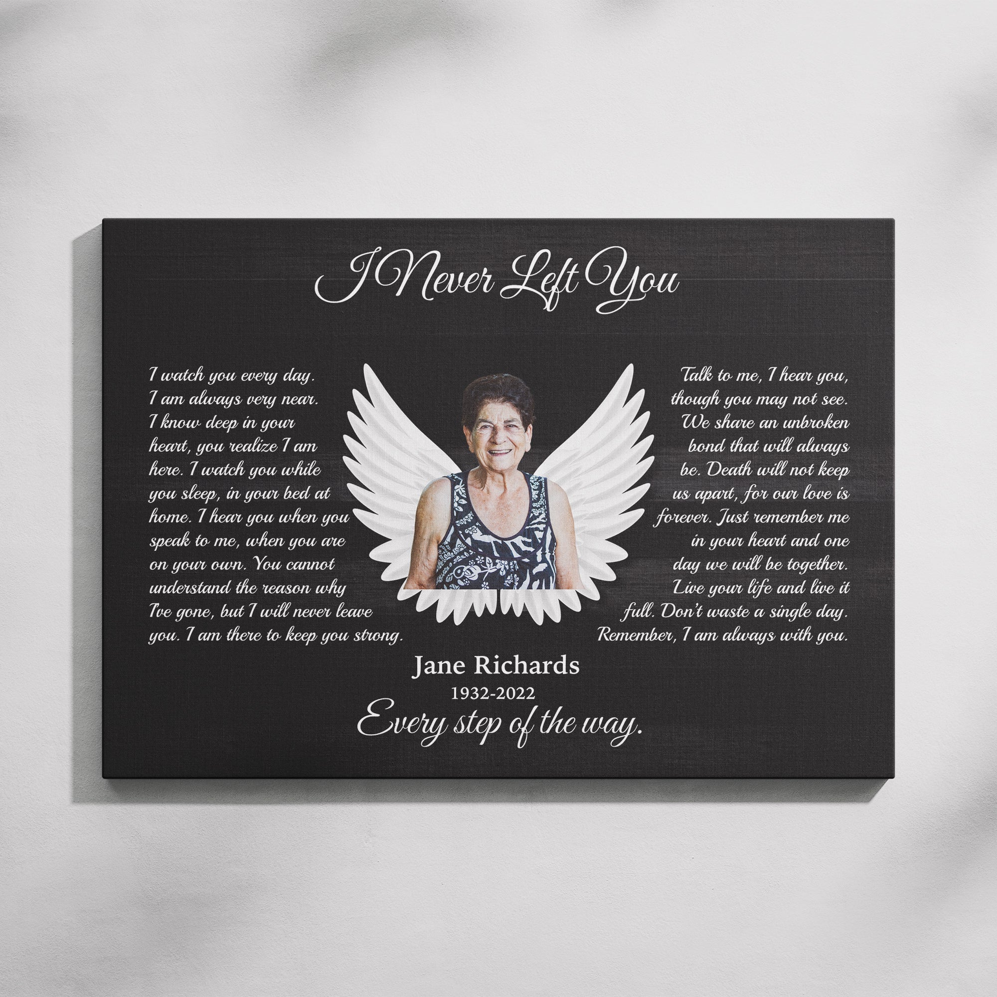 I Never Left You Memorial Canvas – Personalized Photo Frame with Angel Wings, Sympathy Gift, Bereavement Wall Art