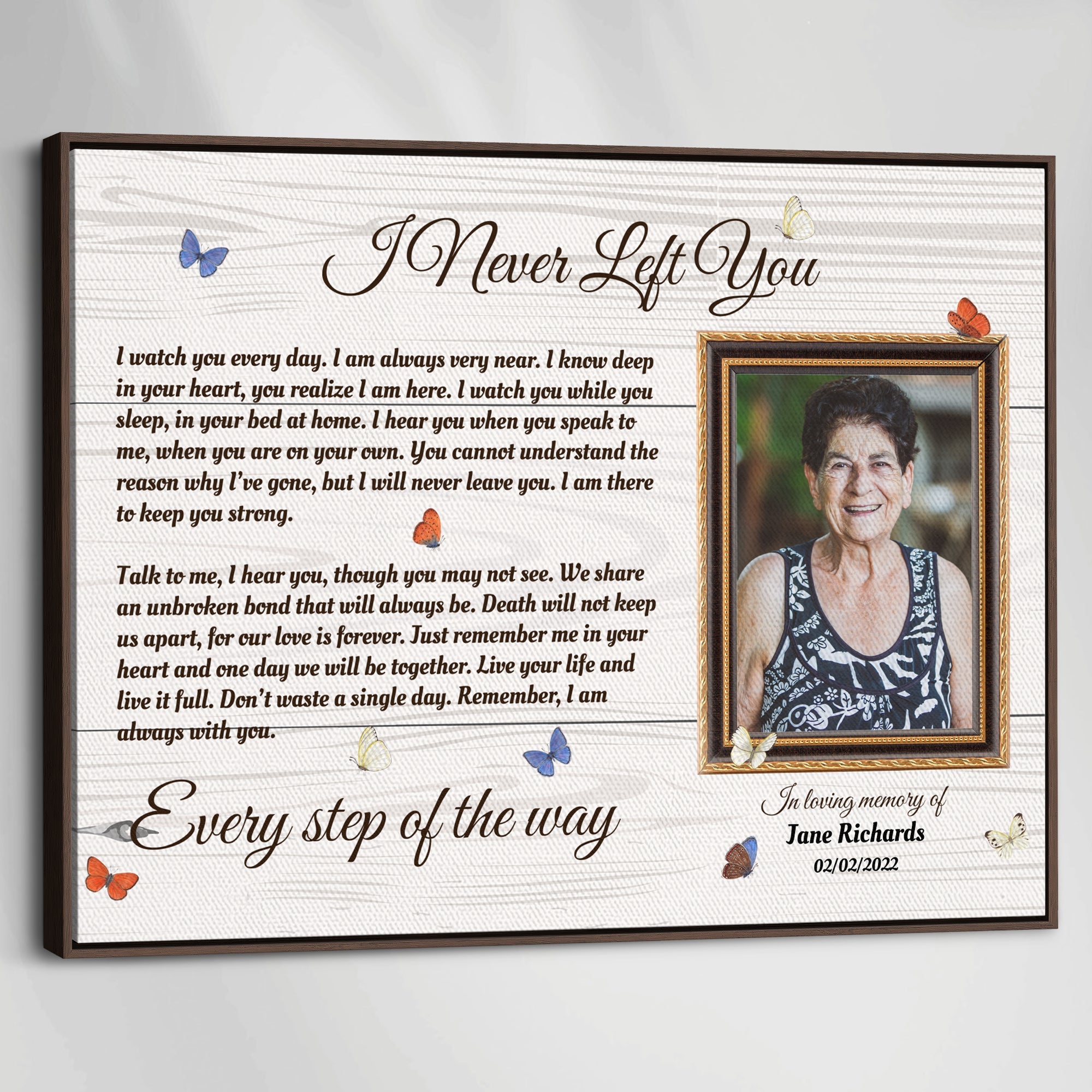 I Never Left You Memorial Canvas – Personalized Photo Frame with Butterflies, Bereavement Gift, Sympathy Wall Art