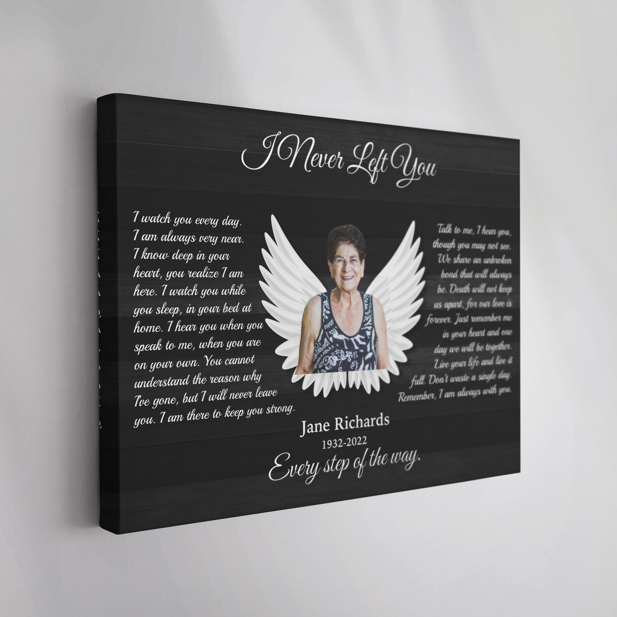 I Never Left You Memorial Canvas – Personalized Photo Frame with Angel Wings, Sympathy Gift, Bereavement Wall Art
