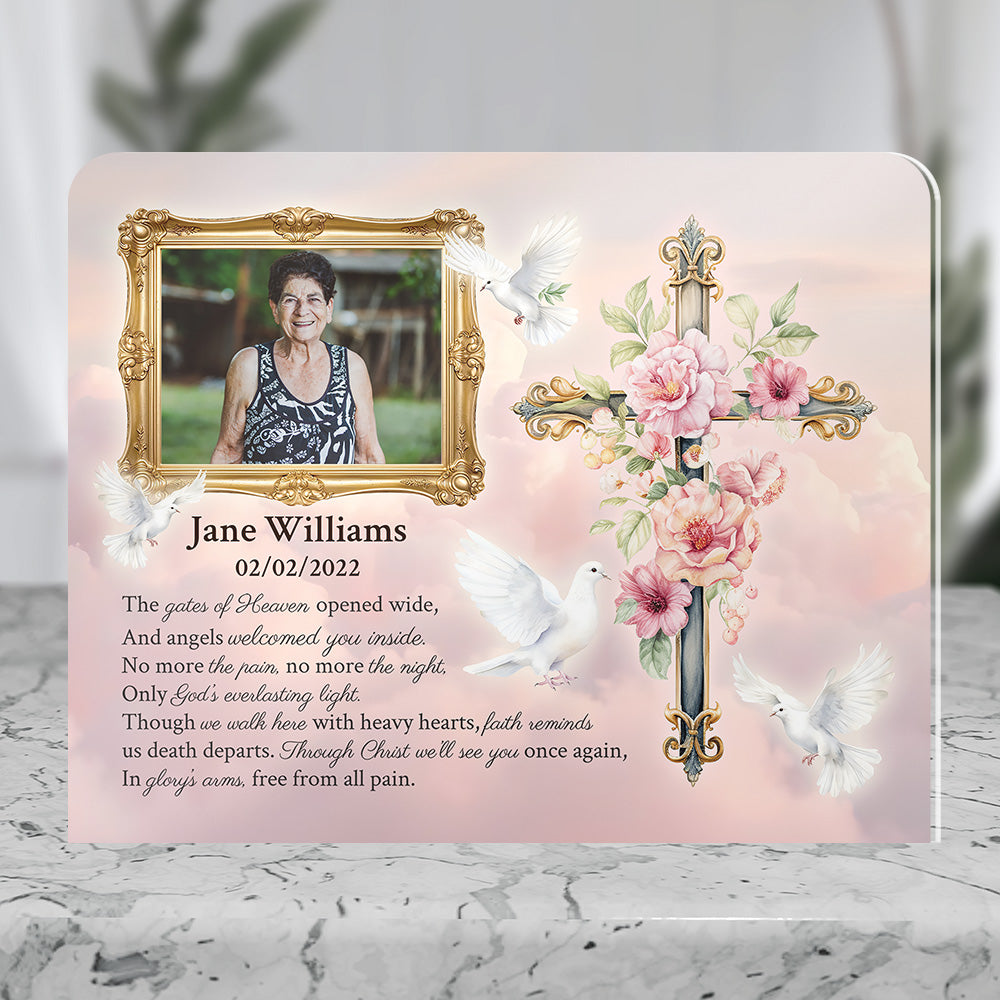 Personalized Memorial Plaque with Photo – Floral Cross &amp; Doves, “Gates of Heaven” Sympathy Gift