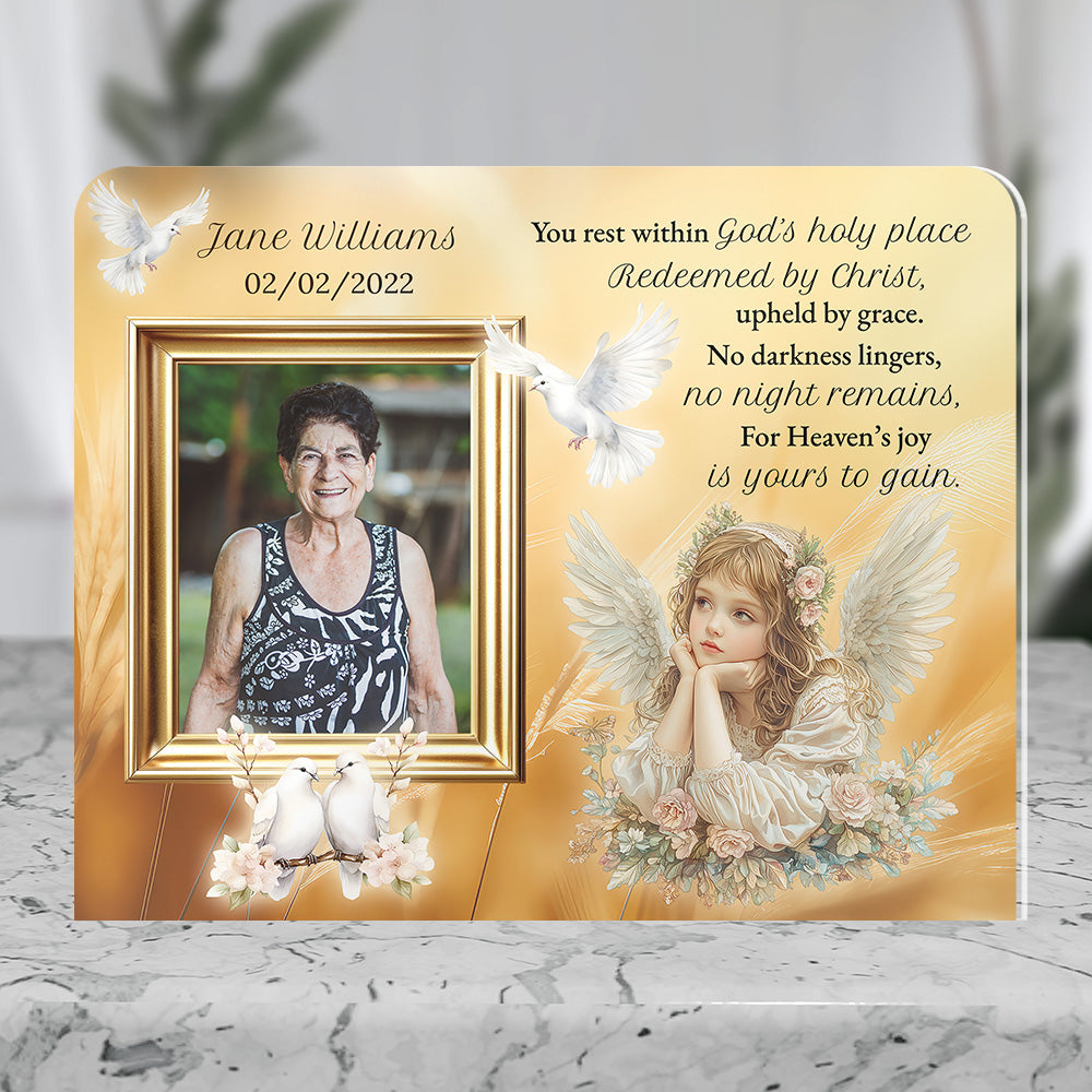 Personalized Memorial Plaque with Photo – Angel &amp; Doves, “God’s Holy Place” Christian Sympathy Gift