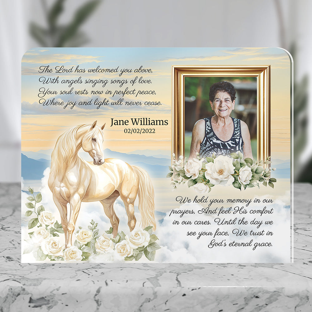 Personalized Memorial Plaque with Photo – White Horse &amp; Roses, “God’s Eternal Grace” Christian Sympathy Gift
