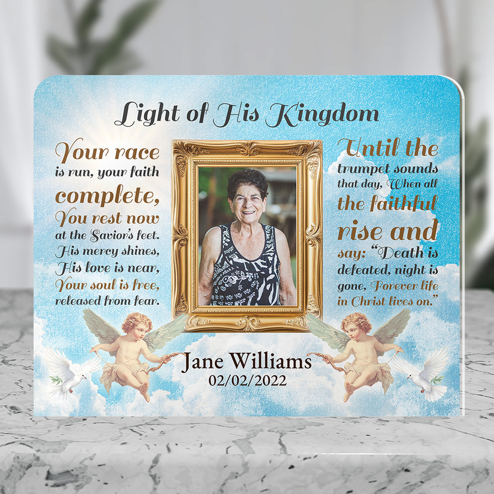 Personalized Memorial Plaque with Photo – Cherubs &amp; Doves, “Light of His Kingdom” Christian Sympathy Gift