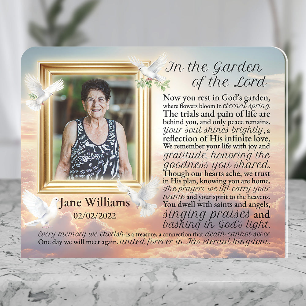 Personalized Memorial Plaque with Photo – Doves & Clouds, “In the Garden of the Lord” Christian Sympathy Gift