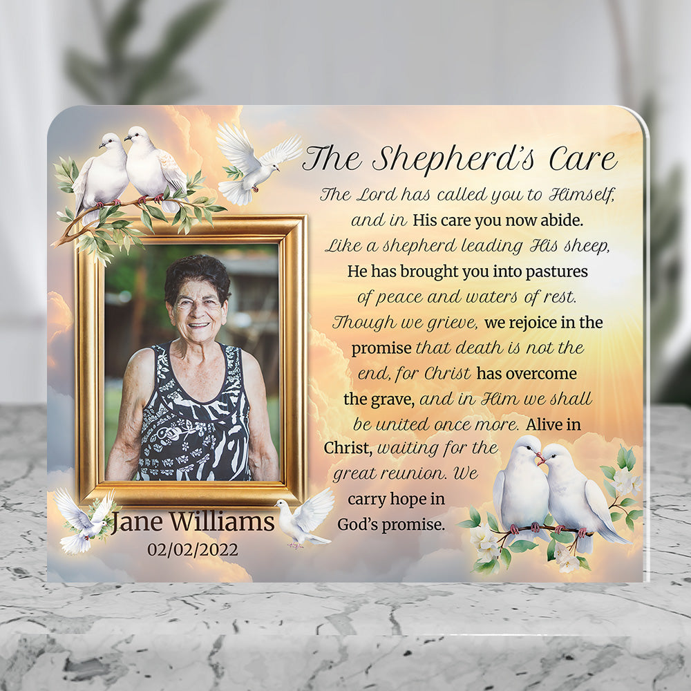 Personalized Memorial Plaque with Photo – Doves &amp; Golden Sky, “The Shepherd’s Care” Christian Sympathy Gift