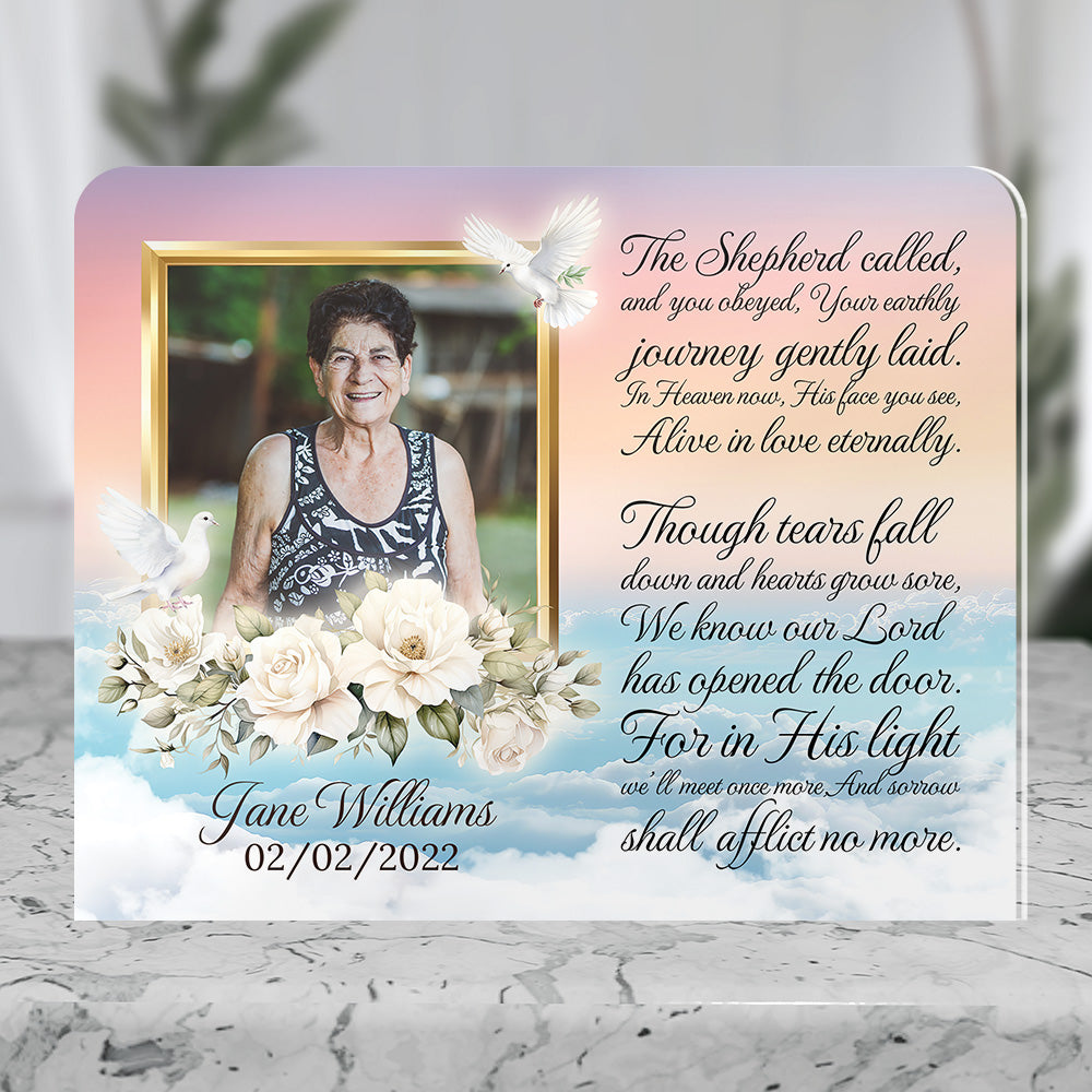 Personalized Memorial Plaque with Photo – White Roses & Doves, “The Shepherd Called” Sympathy Gift