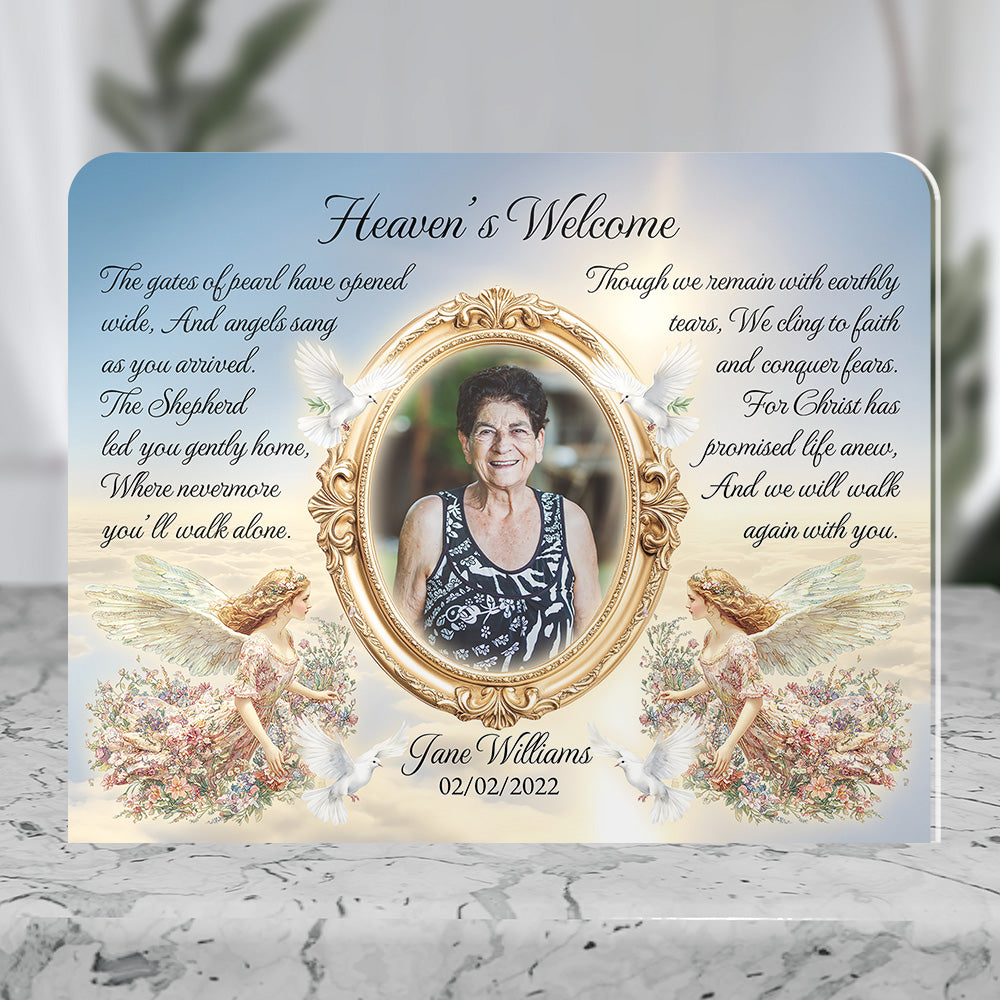 Personalized Memorial Plaque with Photo – Angels & Doves, “Heaven’s Welcome” Christian Sympathy Gift