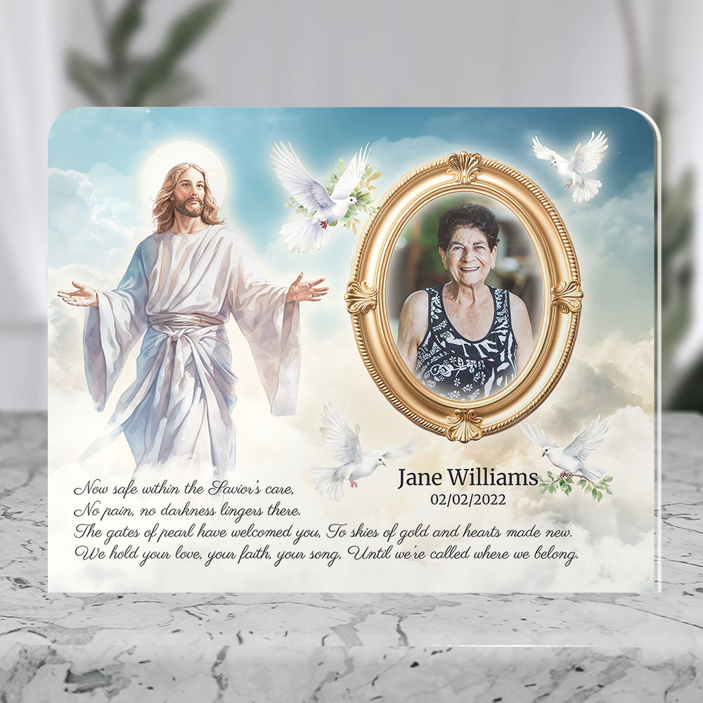 Personalized Memorial Plaque with Photo – Jesus &amp; Doves, “Safe Within the Savior’s Care” Sympathy Gift